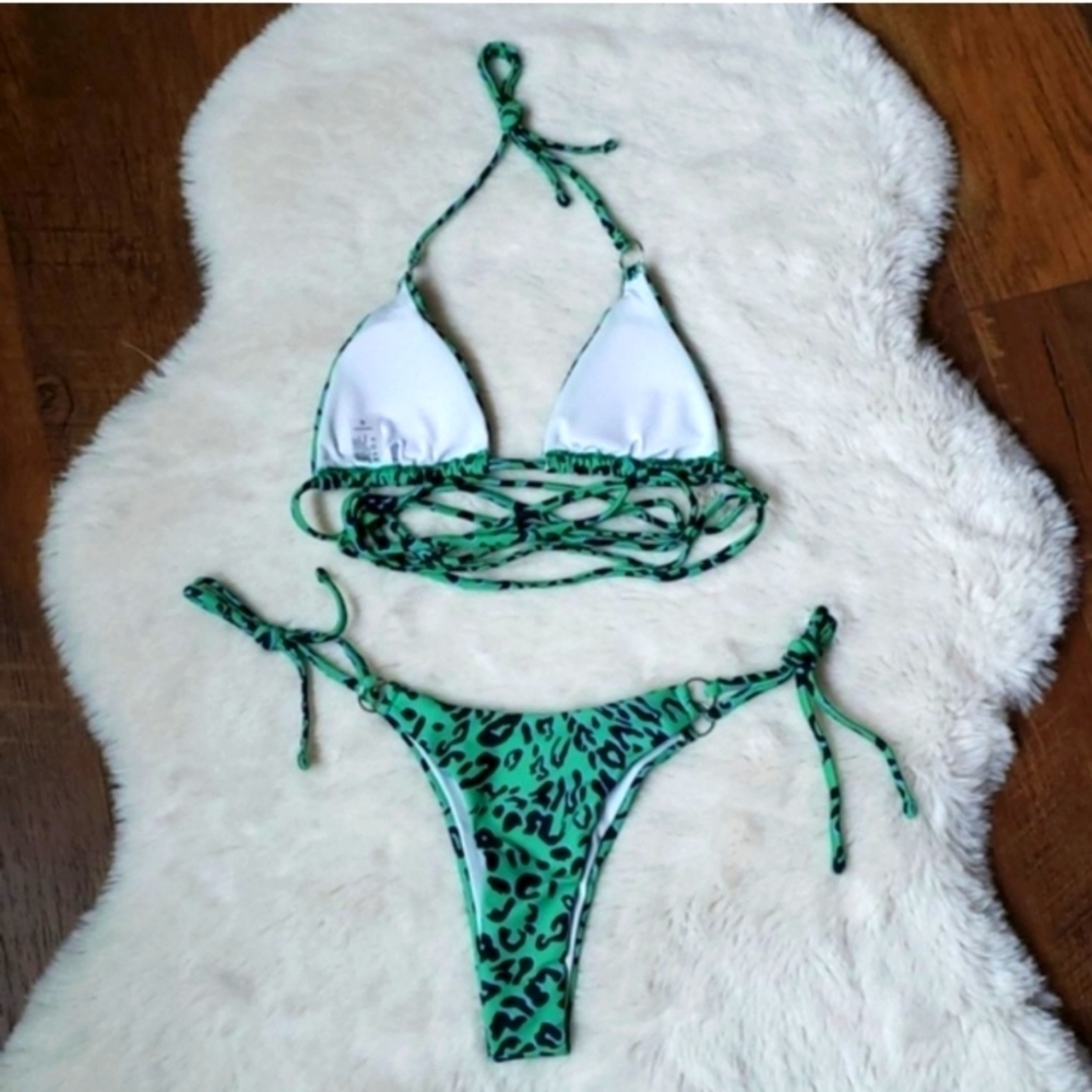 New Green Animal Print Wrap Around Strappy Cheeky Bikini Set Swimsuit Size L - Picture 6 of 6